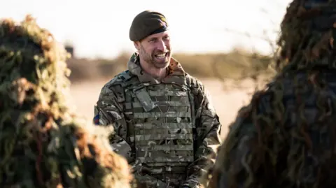 Prince of Wales in uniform of Colonel of the Welsh Guards, during a visit to the 1st Battalion Welsh Guards at Salisbury Plain 