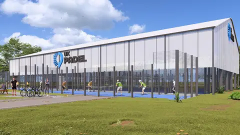 An artist's impression of what the new padel facility could look like showing two outdoor courts, with people playing on them, next to a grey building, and grass area in front. There is a UK PADEL logo on the side of the building, which looks like a sports hall.