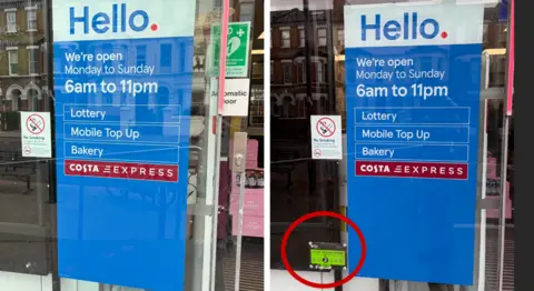 A composite image of a 'hello' sign outside a Tesco with a green hygiene sticker showing a two out of five rating in one of the pictures, but this is missing in the other picture.