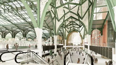 An artist's impression of the new concourse and upper level inside Liverpool Street Station, with green and white beams, arrivals boards, new escalators and white floors