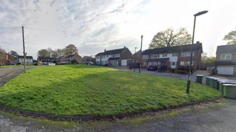 A Google Maps image of a small patch of grass in the middle of a residential neighbourhood with houses in the background and a number of wheelie bins to the right