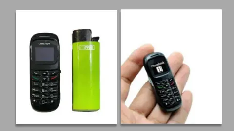FRENCH PROSECUTOR'S OFFICE Picture combination shows a model of the tiny phone next to a cigarette lighter