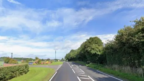 A road, on the left is a grass verge and the entrance to Aston Marina while on the right is a row of trees. There is a filter lane in the middle of the road for traffic crossing the left hand lane to turn into the marina.