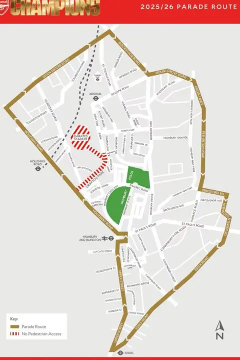 Arsenal FC A map of the Arsenal Champions Parade route through Islington, showing a loop in gold marked "Parade Route" running along Hornsey Road, Holloway Road, Upper Street, Essex Road, Green Lanes, Blackstock Road and Seven Sisters Road, with Emirates Stadium and Drayton Park marked in red and white stripes as "No Pedestrian Access". Highbury Fields is shown in green inside the loop.