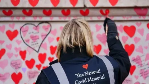 Getty Images A volunteer repaints a heart on the Covid memorial wall in London