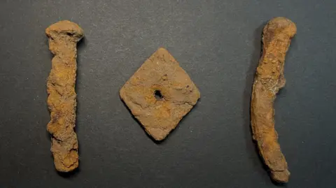 Steve Dickinson Two rivets and a diamond-shaped piece of metal. All are covered in thick brown and orange rust.