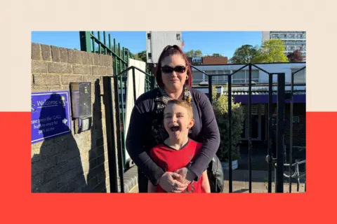 Nine-year-old Blake outside his former primary school, with his mum Christina 