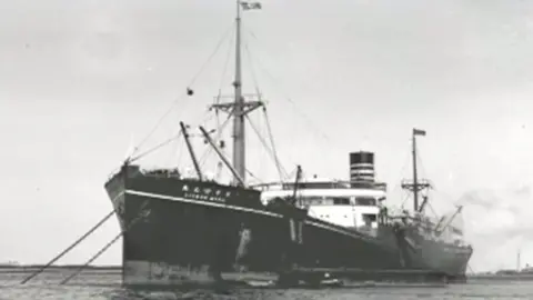 The Japanese cargo ship, Lisbon Maru, pictured at anchor.