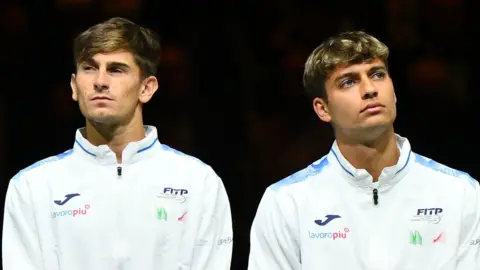 Matteo Arnaldi and Flavio Cobolli during the presentation of the teams the 2024 Davis Cup Finals Group Stage