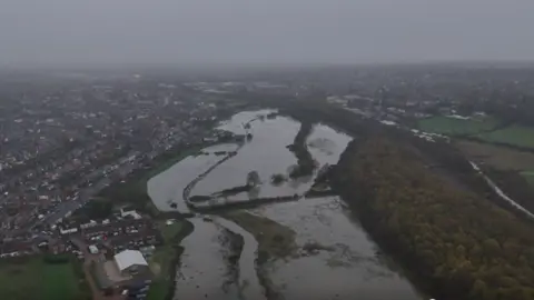 Derbyshire Fire and Rescue Service Ariel view of River Erewash, near Trowell, in Derbyshire, which is flooded.