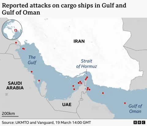 A map showing the reported attacks on cargo ships in the Gulf and the Gulf of Oman. The map shows a concentration of attacks, illustrated with red dots, in the Strait of Hormuz.  