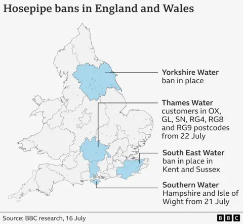 Map showing areas affected by hosepipe bans in light blue - Yorkshire ban in place; Thames Water from 22 July, Kent and Sussex ban in place; Southern Water Hampshire and Isle of Wight from 21 July