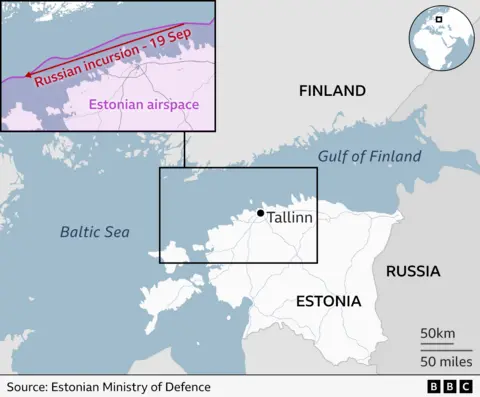 Un mapa que muestra los aviones de combate rusos en el espacio aéreo de Estonia el 19 de septiembre, según lo informado por el Ministerio de Defensa Estonia