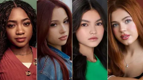 Disney+ A composite image of four teenage girls. They are looking directly at the camera. Two have black hair, one has red hair and the other has ginger hair. 