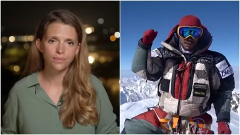 Composite image showing BBC's Caroline Davies alongside famed mountaineer Nirmal Purja