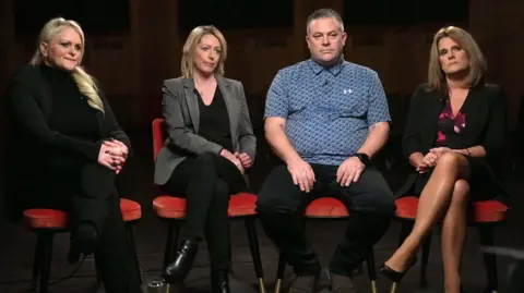 BBC From left to right: Parents Hollie Dance, Lisa Kenevan, Liam Walsh and Ellen Roome sitting on chairs