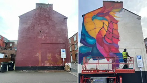 Nathan Bainbridge Two photographs side by side - the one on the left is a wall on the side of a building before it was painted. The image on the right is the mural when it was half-painted.