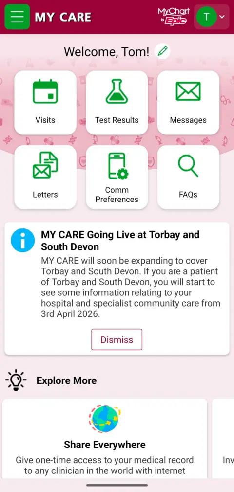 NHS The image shows a screen shot from a mobile phone shows the homepage for the app My Care. It has been made for a John Doe called 'Tom'. It shows six choices - visits, test results, messages, letters, comm preferences and FAQ. 