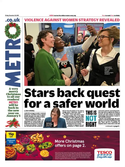 The headline on the front page of the Metro reads: "Stars back quest for a safer world".