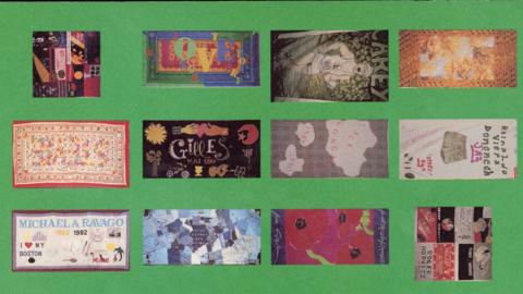 12 quilts with text and images on them on display against a green background