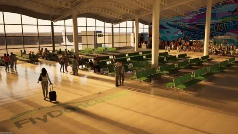 City of Doncaster Council An artist's impression shows the inside of an airport terminal with rows of green seats and passengers with suitcases. The ceiling is in curves, there is a brightly coloured wall mural of a plane and on the wooden floor is green wording saying Fly Doncaster.
