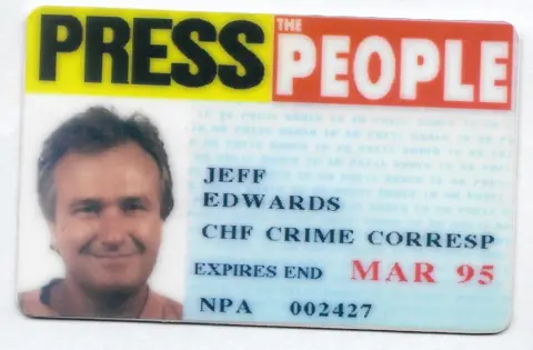 Jeff Edwards A press card for Jeff Edwards, shaped like a credit card. It has a passport style photo of him on the left side and THE PEOPLE written at the top right, with PRESS on the top left against a yellow background. It reads: Jeff Edwards / Chf Crime Corresp / Expires End MAR 95 / NPA 002427