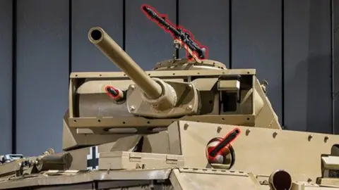 The Tank Museum A The Panzer III at The Tank Museum. Red lines show its two MG34 Machine guns - one in the bow position, one mounted coaxially, and the museum's example also has one pintle mounted - an optional addition.