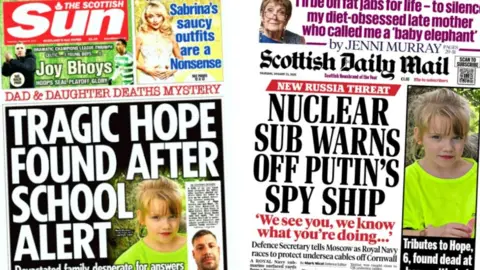 Composite image of The Scottish Sun (left), headlined "Tragic Hope found after school alert" and the Scottish Daily Mail (right), headlined "Nuclear sub warns off Putin's spy ship"