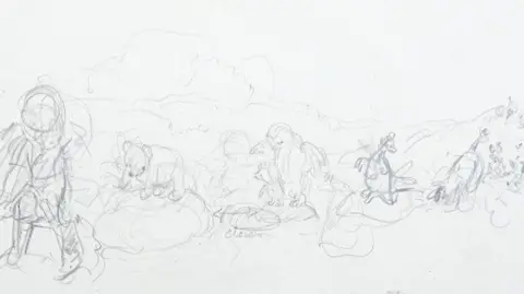Peter Harrington A pencil sketch of Winnie the Pooh, Christopher Robin, and other characters.