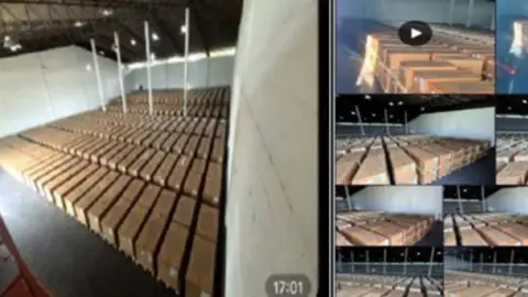 US Department of Justice A collage of surveillance camera footage of hundreds of boxes in a storage facility 