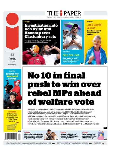 "No 10 in final push to win over rebel MPs ahead of welfare vote" reads the headline on the front page of The i Paper.