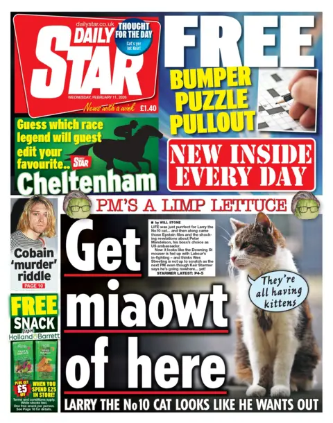 "Get miaowt of here" reads the headline on the front page of the Daily Express/