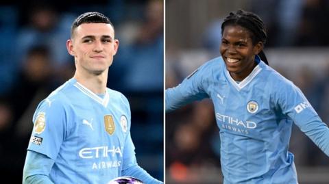 A split picture in which Phil Foden smiles as he carries the match ball after scoring a hat-trick, Khadija Shaw runs arms wide open and smiling after scoring a goal