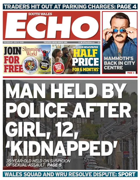 South Wales Echo South Wales Echo. The main headline reads: Man held by police after girl, 12, 'kidnapped'. 33-year-old held on suspicion of sexual assault. 