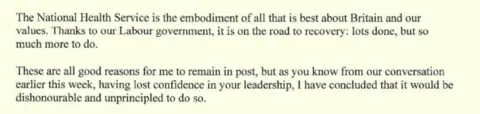 Excerpt from West Streeting's letter reading: The National Health Service is the embodiment of all that is best about Britain and our values. Thanks to our Labour government, it is on the road to recovery: lots done, but so much more to do.