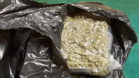 National Crime Agency Cannabis is seen within a black bag in front of a green background.