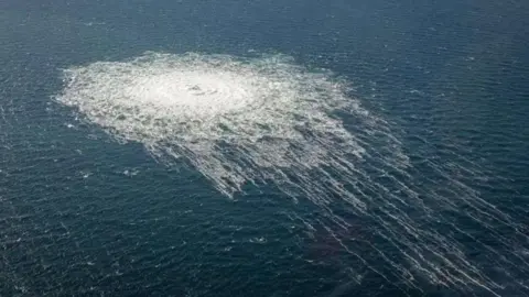 Danish Defence handout Bubbles are seen on the surface of the sea which is the gas leaking at Nord Stream 2 seen from the Danish F-16 interceptor on Bornholm, Denmark on September 27, 2022