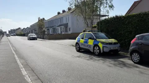 BBC A sunny street, with a number of houses seen on one side. A police car is parked in the foreground.