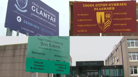 BBC The image is a collage of photographs showing signage and entrances from the three Welsh-language secondary schools in Cardiff. Each section highlights a different school, with prominent use of the Welsh language and some multilingual elements.