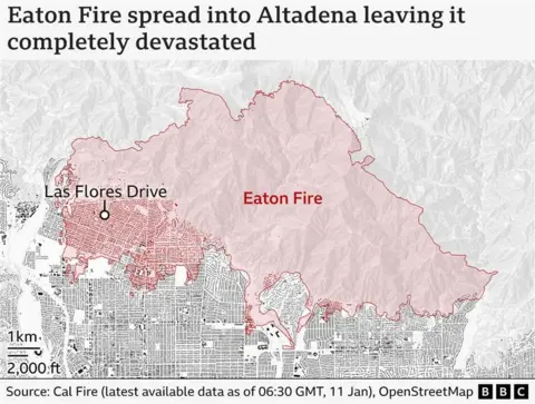 Grafik yang menunjukkan api Eaton sehubungan dengan Altadena