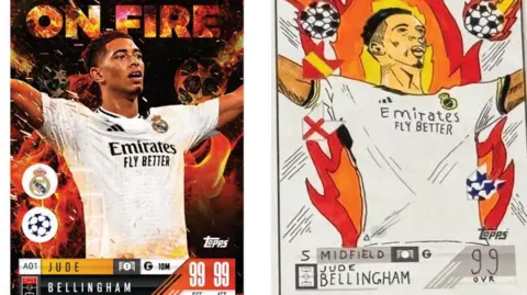 Topps A photo of a picture card with a footballer with dark hair in a white shirt with flames behind him and to the right a drawing of the same footballer with flames behind him