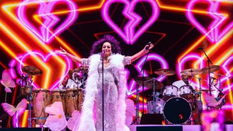 Singer Diana Ross on stage a silver glittery gown and white feather boa.