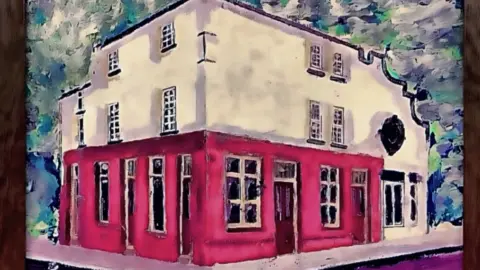 Gary North An impressionistic painting of a pink and white pub