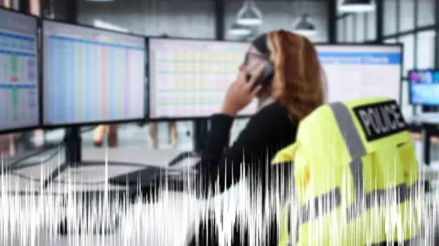 The background image shows a woman on the phone with multiple screens in front of her, a police jacket is on the back of her chair.