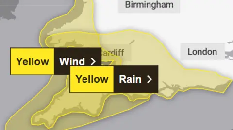 Met Office The yellow weather warning across the southeast and southwest of England from the Met Office.