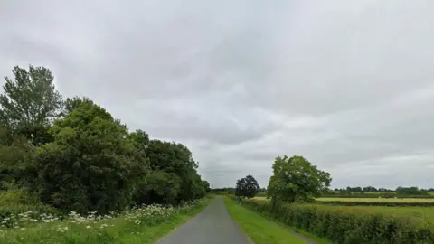 Google A countryside road. Grass verges with green bushes and trees line the road. The sky is overcast. 