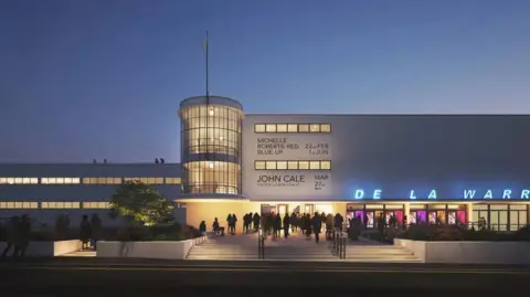 De La Warr Pavilion An evening view of the De La Warr Pavilion shows its long white modernist facade lit at dusk. A cylindrical glass stair tower is lit with a warm light and there are people walking up the steps and gathering outside the main entrance. Illuminated signs list upcoming events.