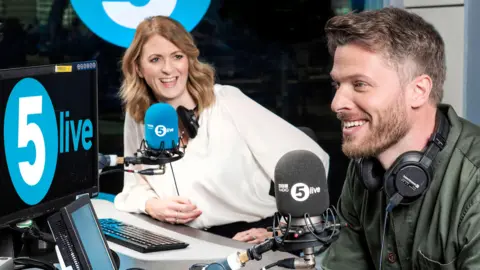 Rachel Burden and Rick Edwards in the 5 Live studio