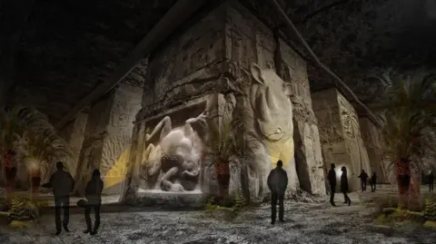A CGI image of how the attraction would look inside the cavernous mine. The vast stone walls are carved with relief sculptures of animals including a frog and a rhino. Silhouettes of visitors are dwarfed by the exhibits.