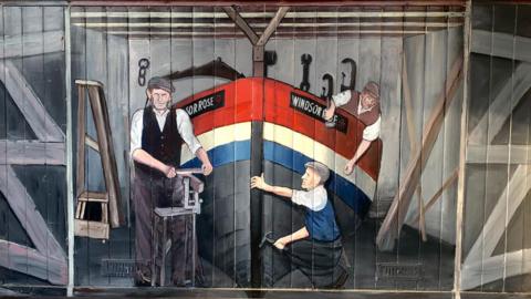 ‘Emery family at work - Sheringham Old Boathouse’ by Colin Seal, portraying (left to right) Reg, Harold and Chris Emery as the boathouse in Sheringham, Norfolk looked in the 1940s/50s. 